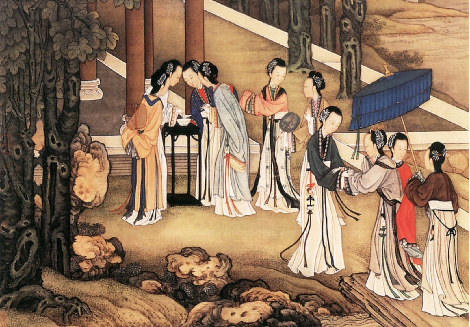 Peinture chinoise de Chen Mei representant des jeunes femmes de cour celebrant la fete de Qixi dans un jardin, autour d'une table d'offrandes