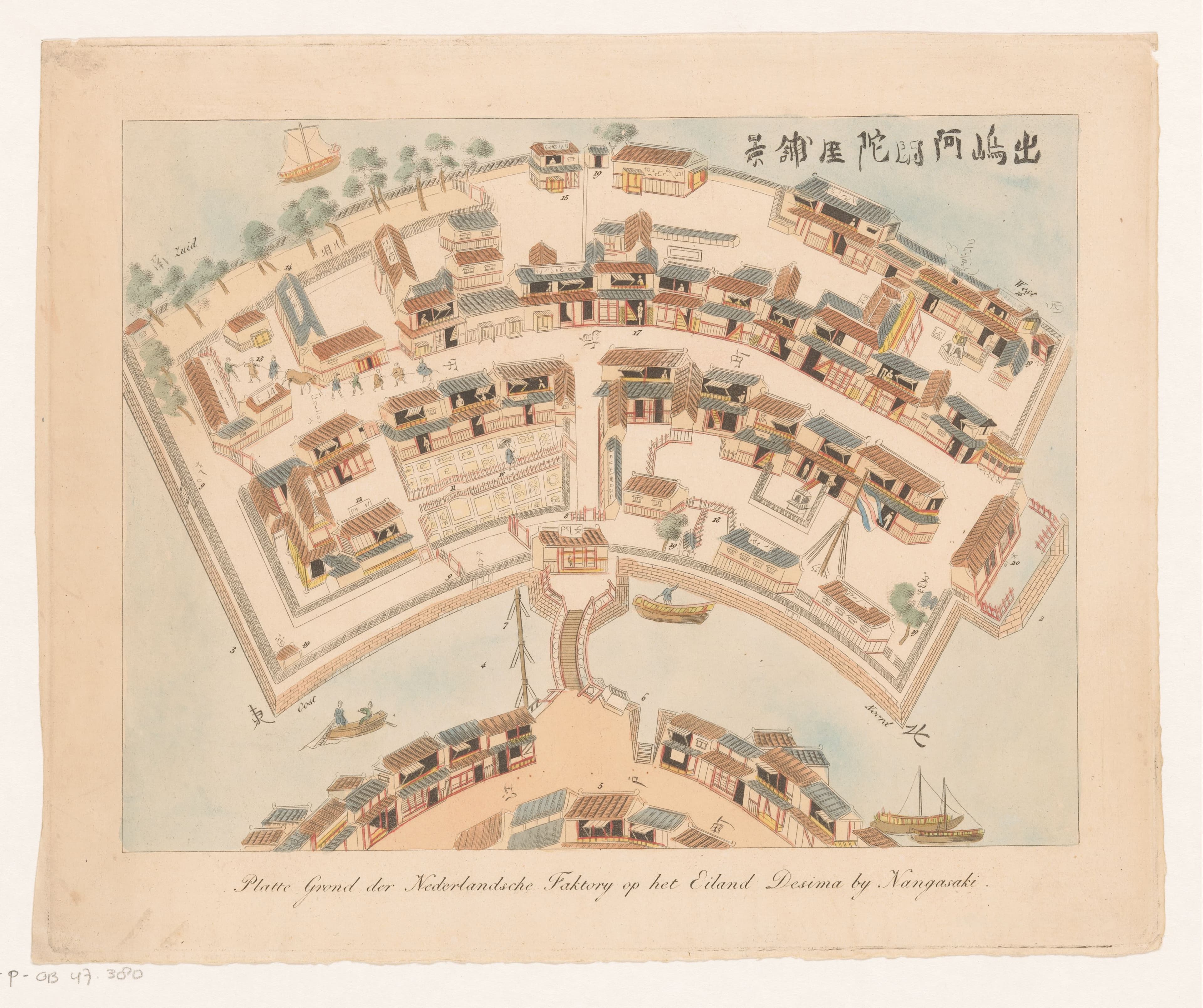 Plan ancien de l’île artificielle de Dejima à Nagasaki, comptoir hollandais en éventail durant la fermeture du Japon.