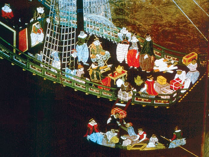 Détail d’un paravent nanban montrant l’arrivée des marchands portugais au Japon au XVIe siècle, dans le sillage desquels Yasuke gagna le pays.