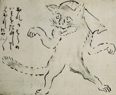 Estampe japonaise ukiyo-e figurant un bakeneko, chat-fantôme aux traits humains dressé sur ses pattes arrière