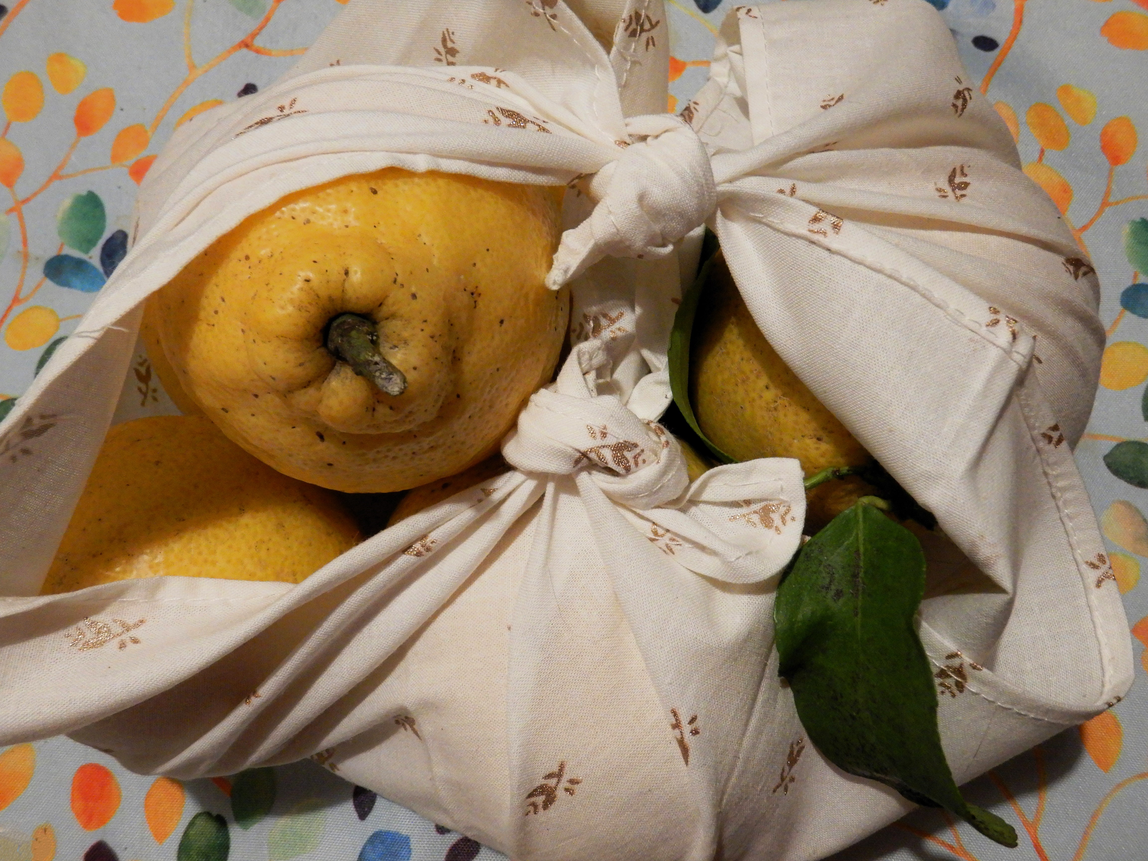 Gift of fresh lemons wrapped and knotted in a furoshiki, an example of reusable, zero-waste gift wrap