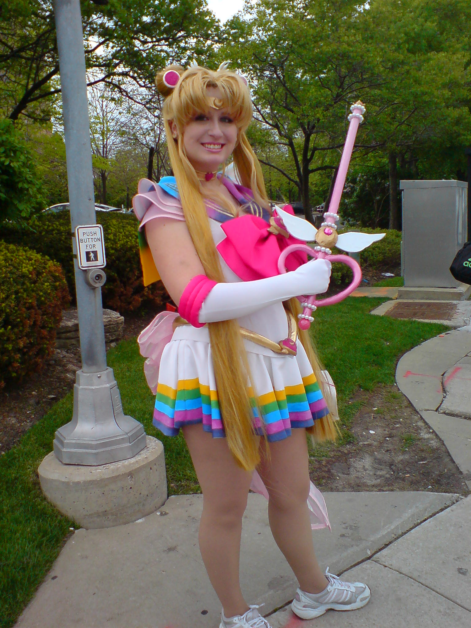 Cosplayer in a Super Sailor Moon costume with leotard and tiara, the archetypal mahō shōjo transformation