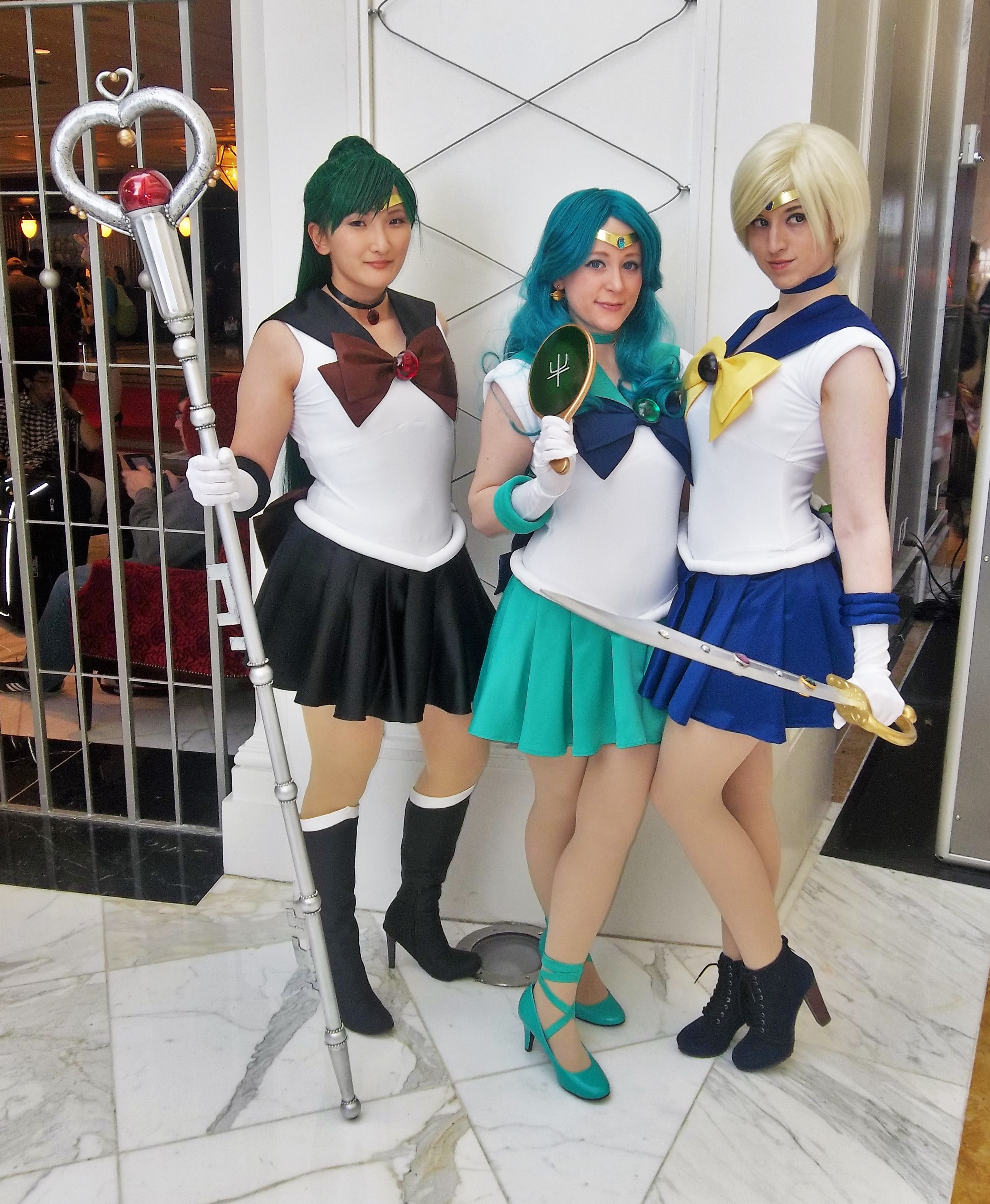 Sailor Guardians in sailor-style uniforms, cosplay of the outer Sailor Senshi