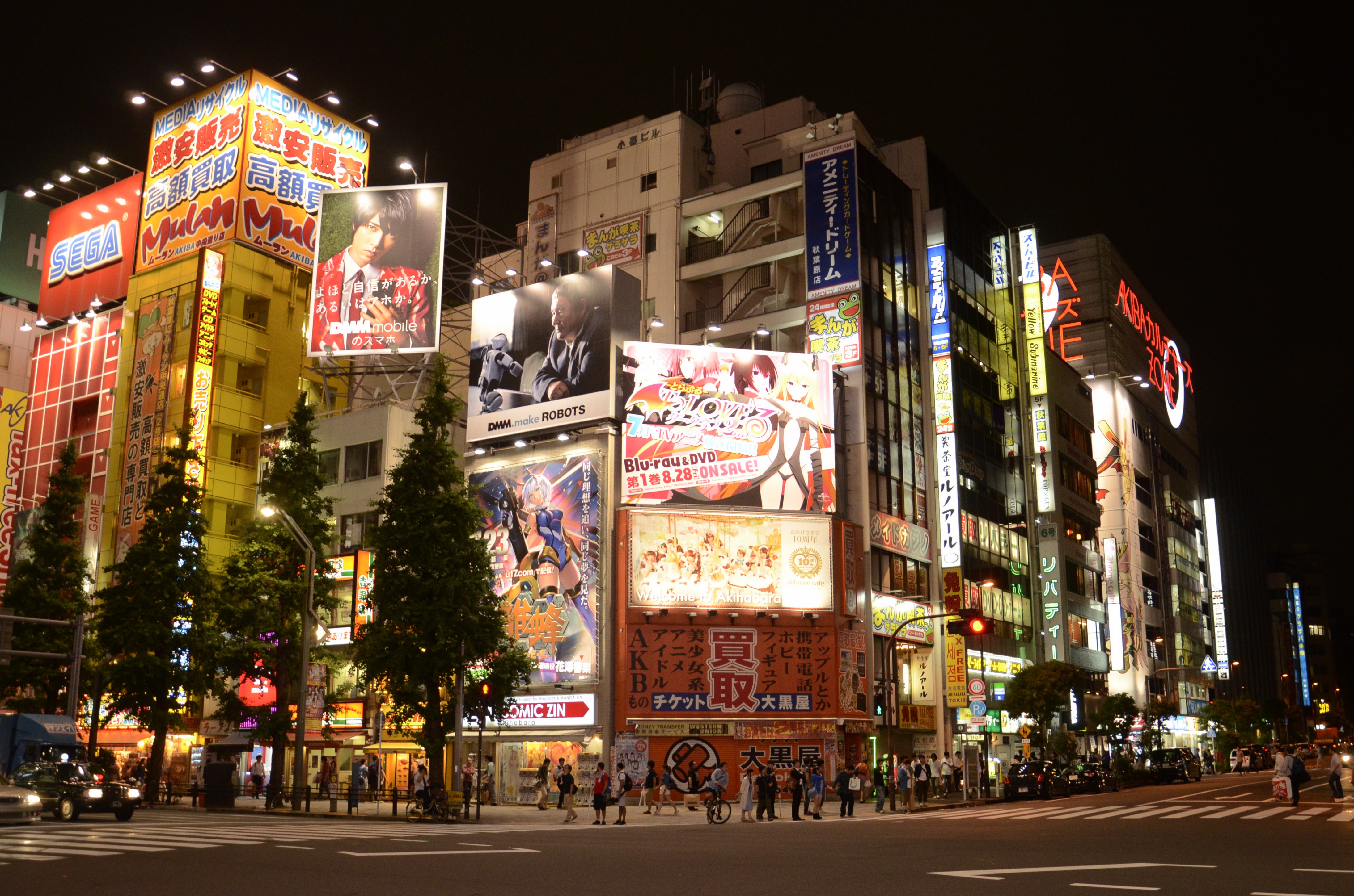 Akihabara street at night, neon and luminous vertical signs