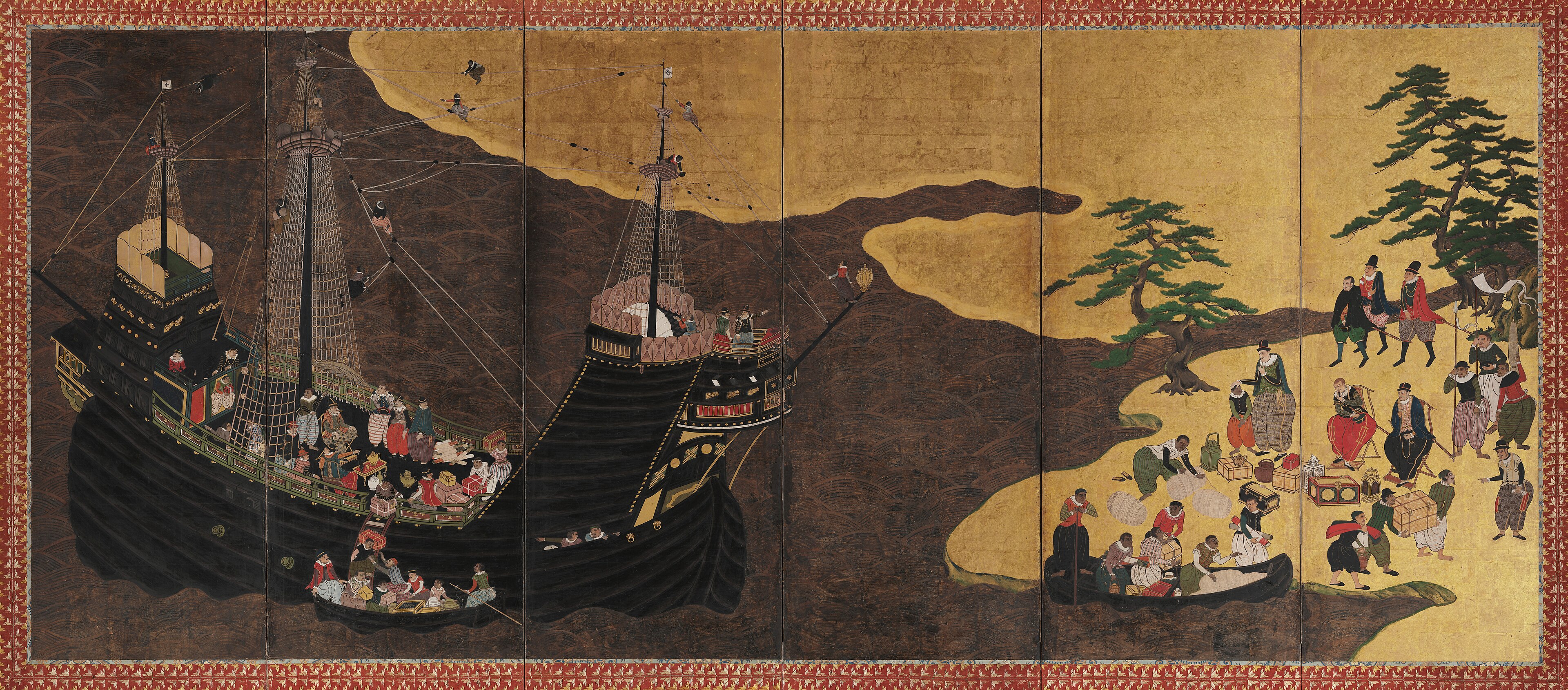 Japanese nanban folding screen depicting the arrival of a Portuguese carrack and missionaries at Nagasaki