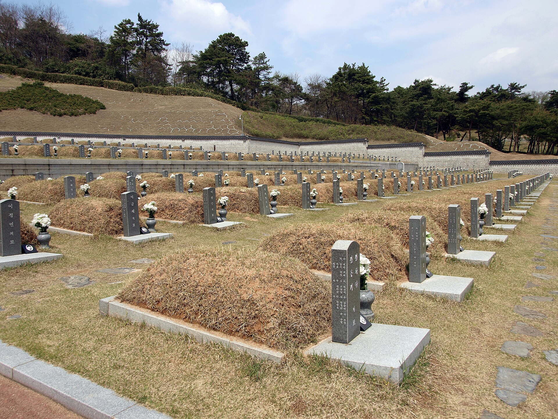 Rows of graves at the May 18th National Cemetery in Gwangju, memorial to the victims of the 1980 uprising