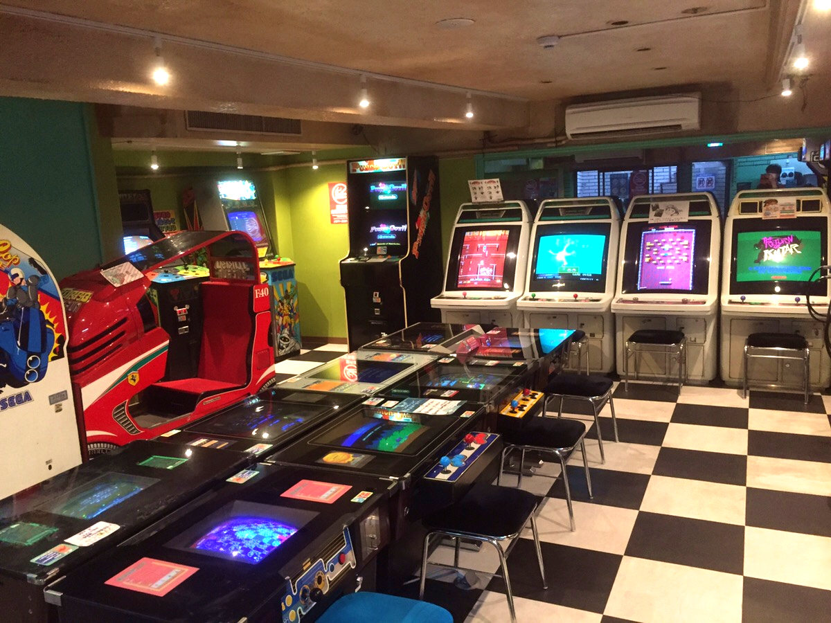 A row of arcade cabinets at Tōkyō's Mikado game center, a legendary hall of Japanese arcade play.