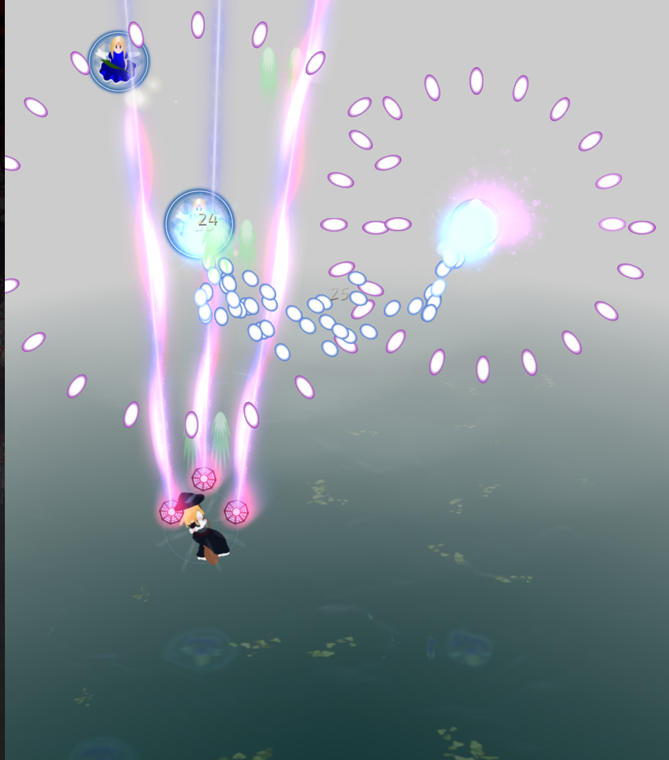A danmaku game screen saturated with colourful bullet patterns, the player's ship weaving between the shots